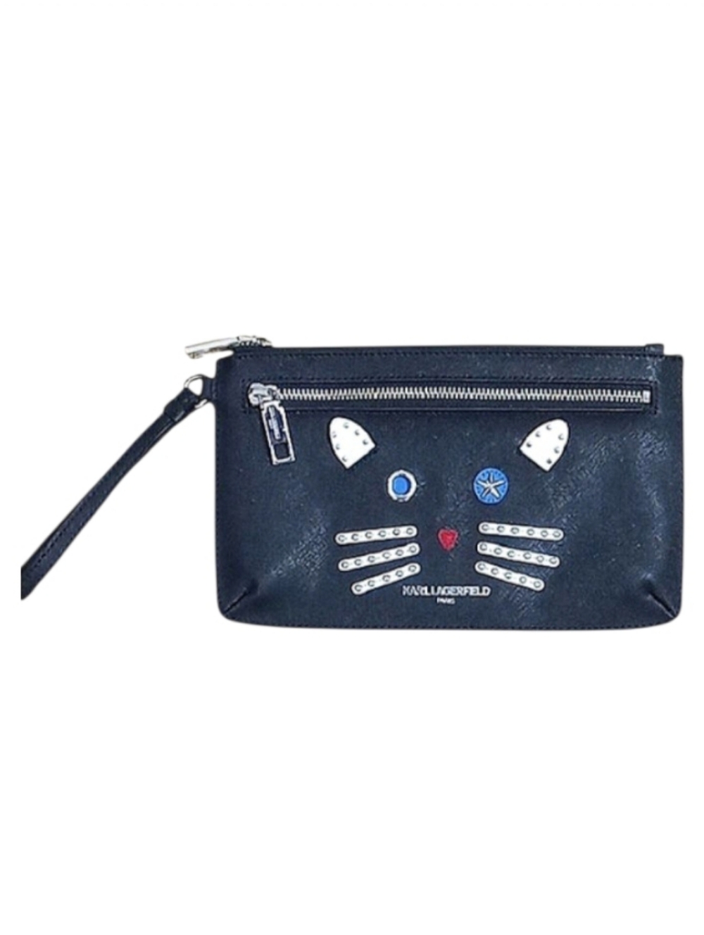 Karl Lagerfeld Paris Cat Face Studded Wristlet Black Leather Zip Top